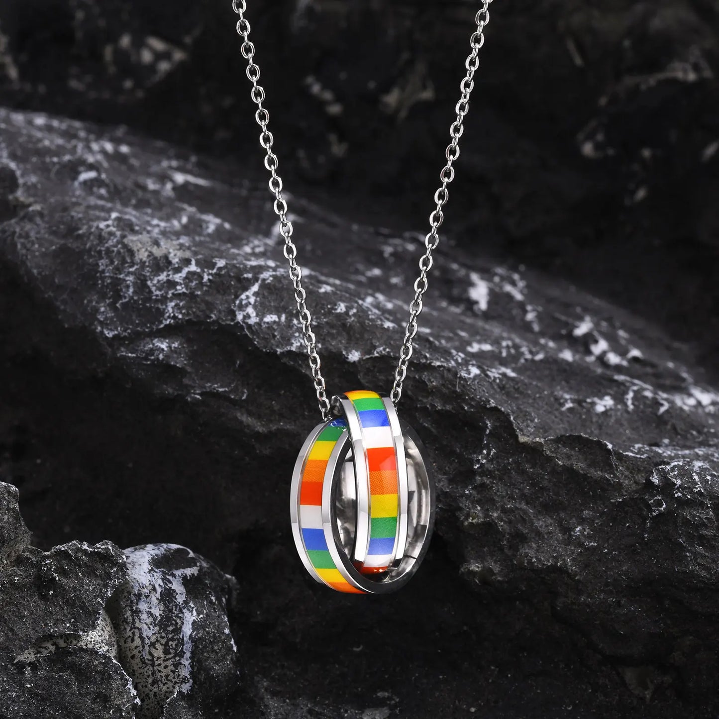 Interlocked Rainbow Circle Pendant Necklace